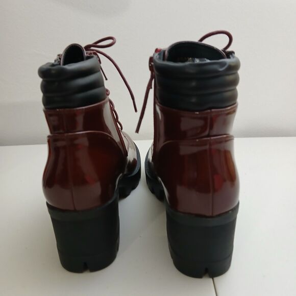 Allegra K Burgundy Patent Lace-Up Combat Boots Block Heel Lug Sole Size 10 - Picture 3 of 16